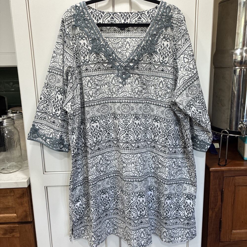 Lands' End Swim Cover-Up Kaftan Dress V-Neck 3XL 100% Cotton Pockets Embroidery